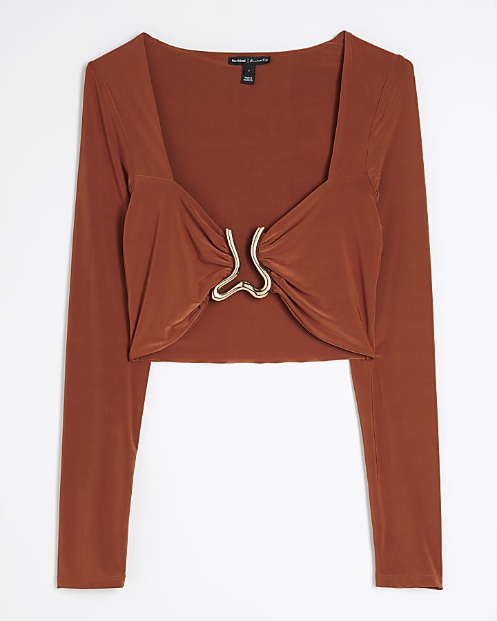 Rust Long Sleeve Gold Trim Crop Top