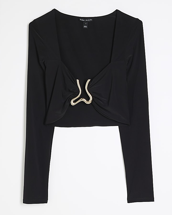 Black Long Sleeve Gold Trim Crop Top