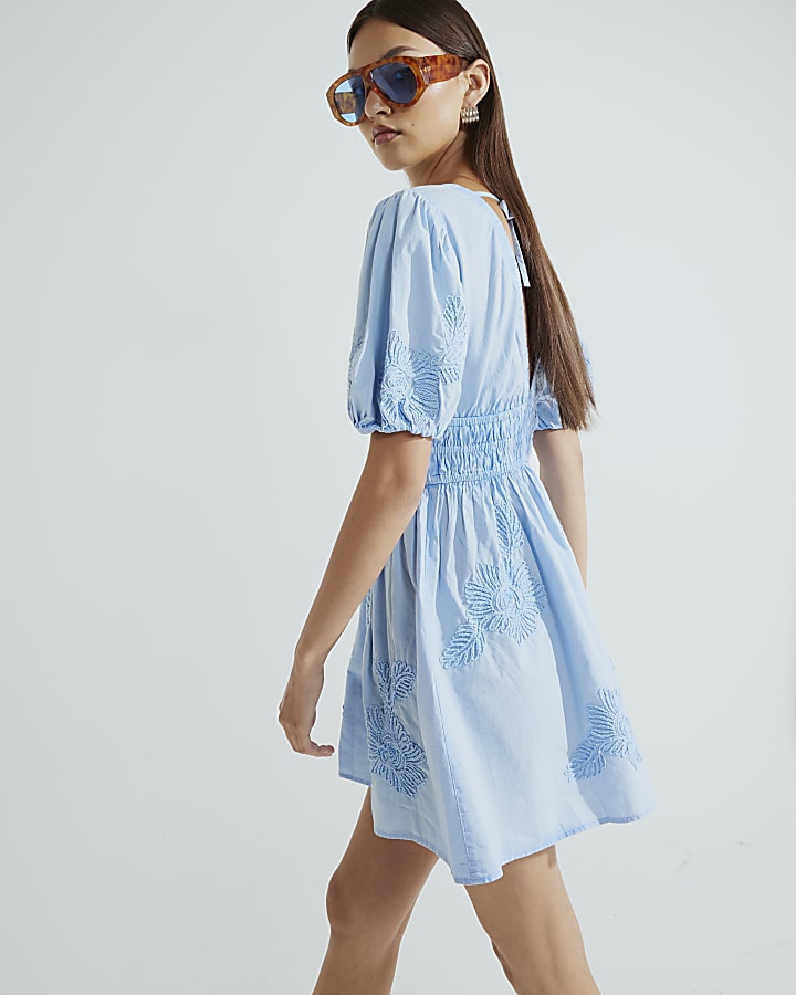 Blue Short Puff Sleeve Embroidered Mini Dress