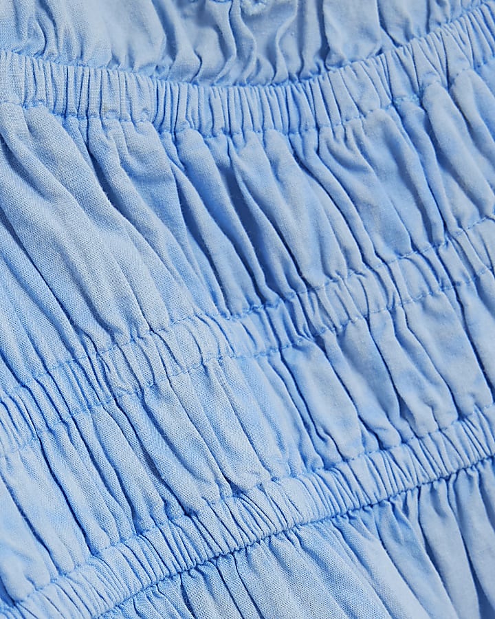Blue Short Puff Sleeve Embroidered Mini Dress