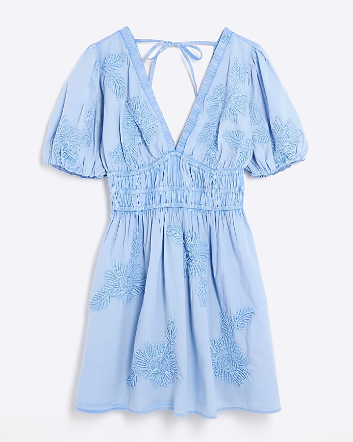 Blue Short Puff Sleeve Embroidered Mini Dress