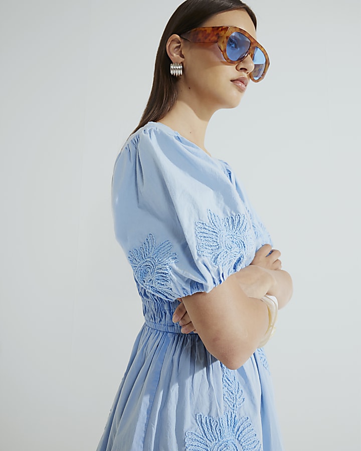Blue Short Puff Sleeve Embroidered Mini Dress