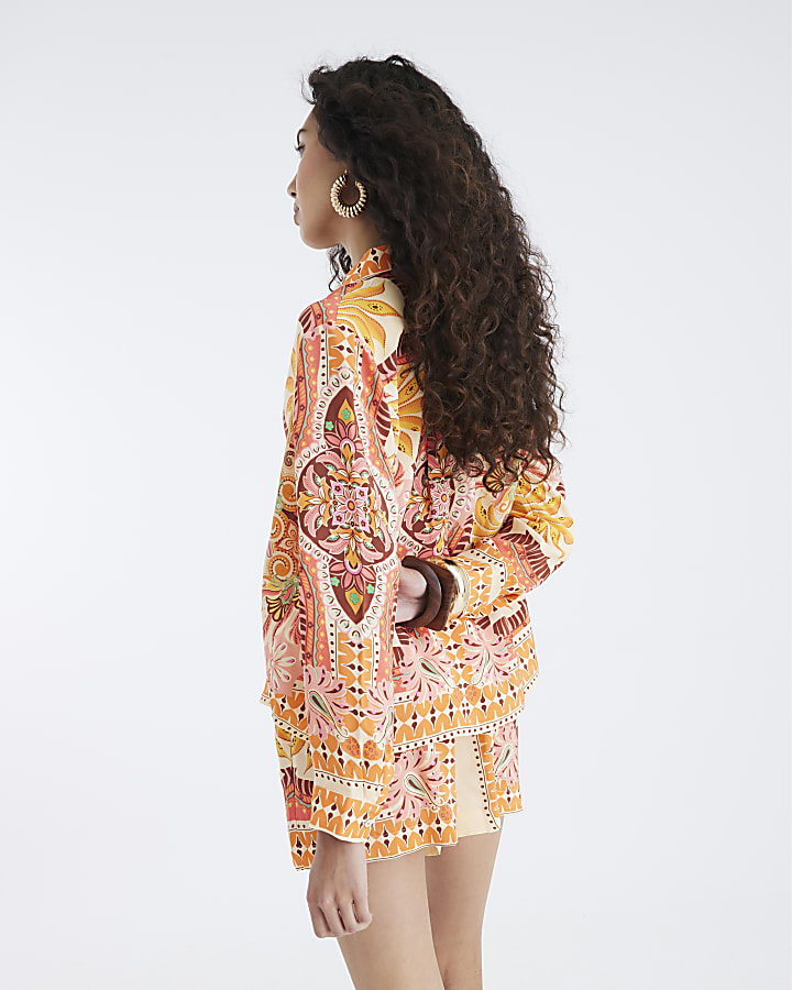 Orange Long Sleeve Graphic Print Shirt