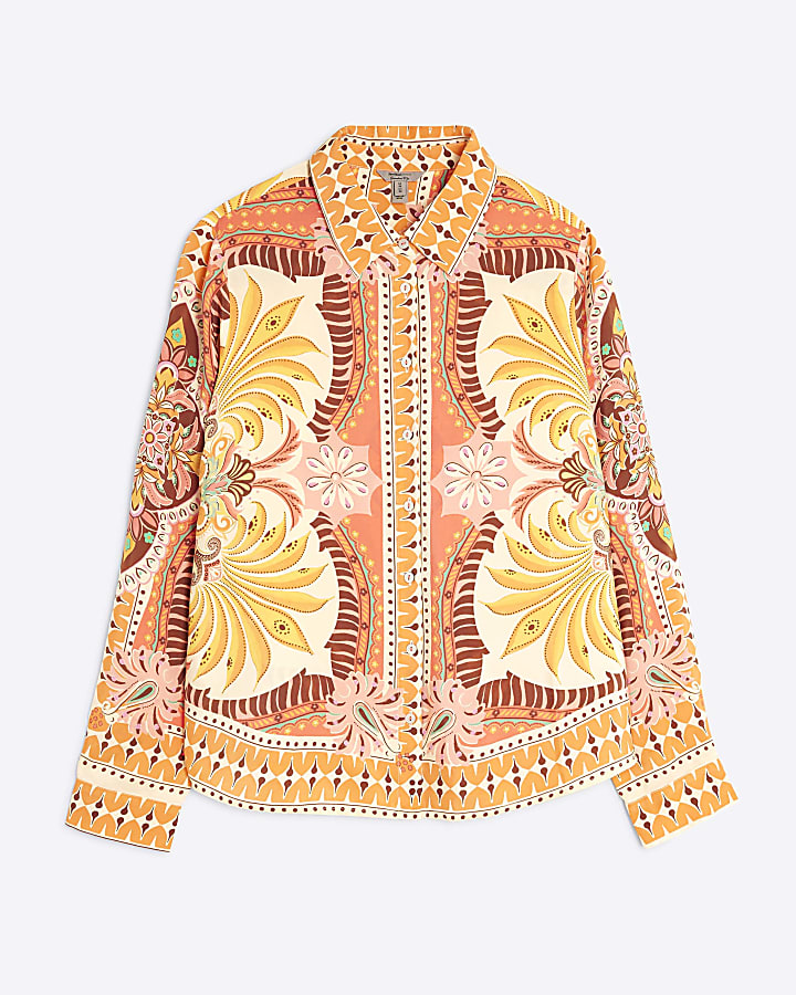 Orange Long Sleeve Graphic Print Shirt