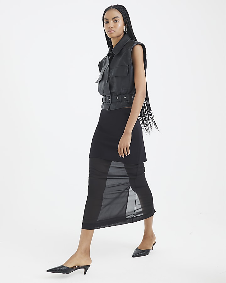 Black Hybrid Sheer Midi Skirt