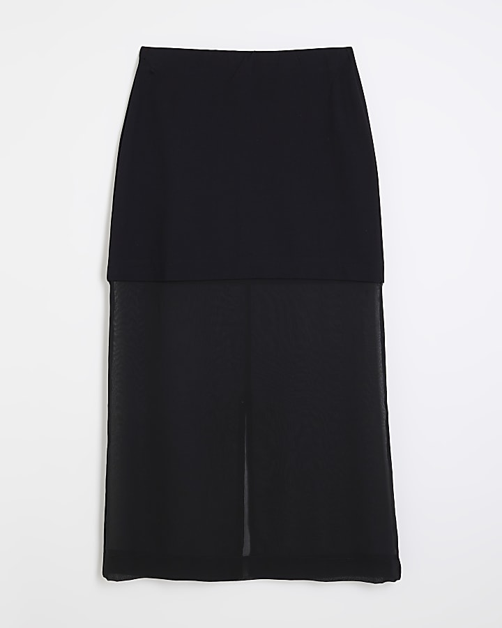 Black Hybrid Sheer Midi Skirt