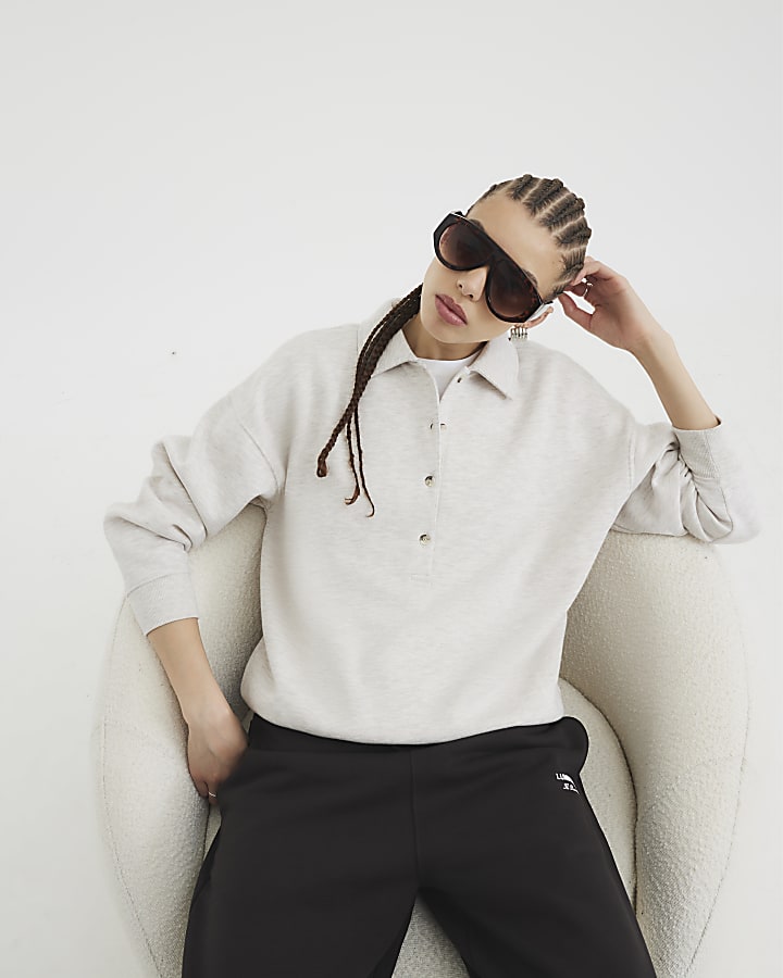 Beige Marl Long Sleeve Buttoned Sweatshirt