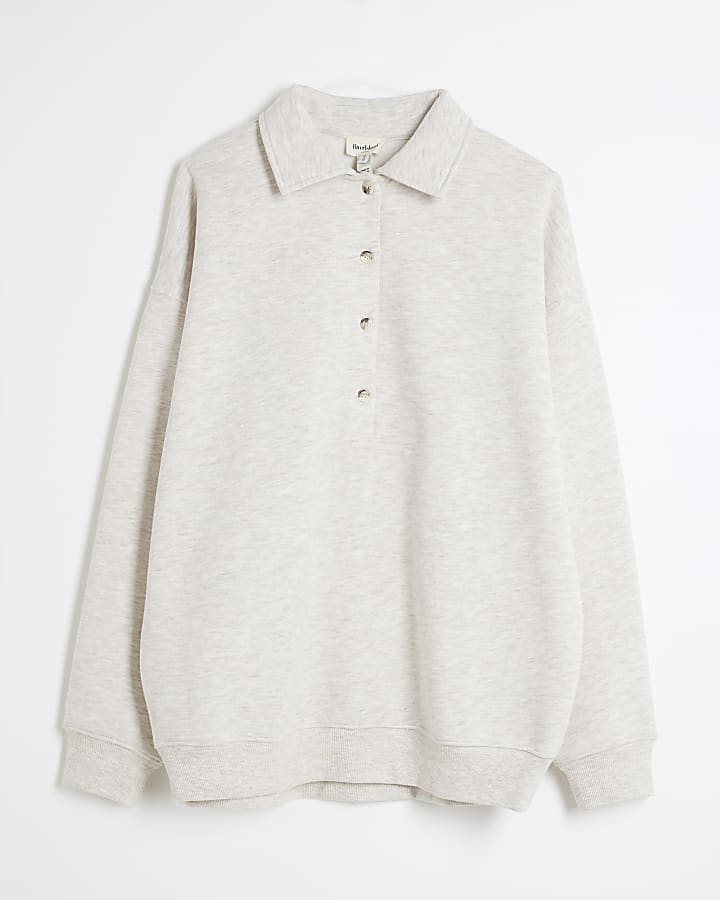 Beige Marl Long Sleeve Buttoned Sweatshirt