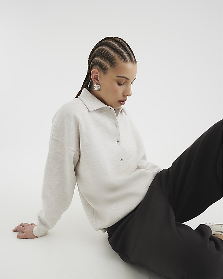 Beige Marl Long Sleeve Buttoned Sweatshirt