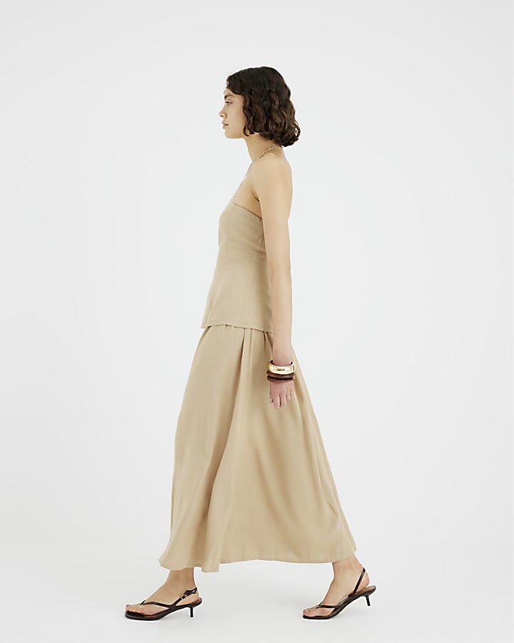 Beige Bandeau Linen Blend Midi Dress