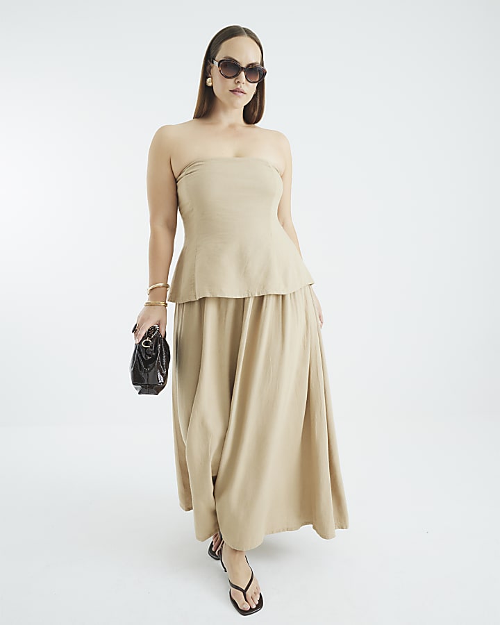 Beige Bandeau Linen Blend Midi Dress