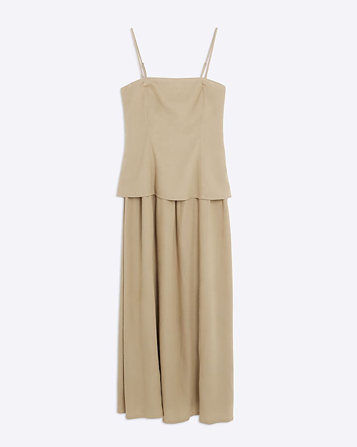 Beige Bandeau Linen Blend Midi Dress