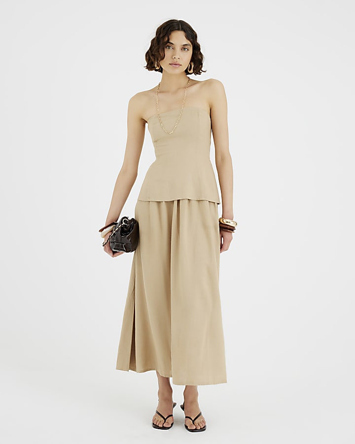 Beige Bandeau Linen Blend Midi Dress