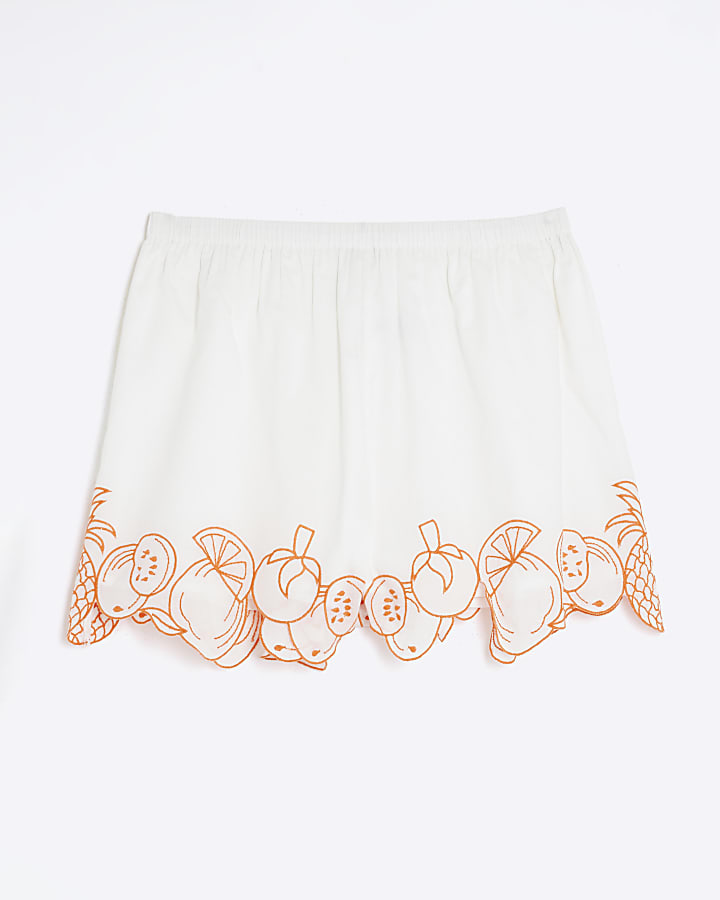 White Fruit Embroidered Shorts