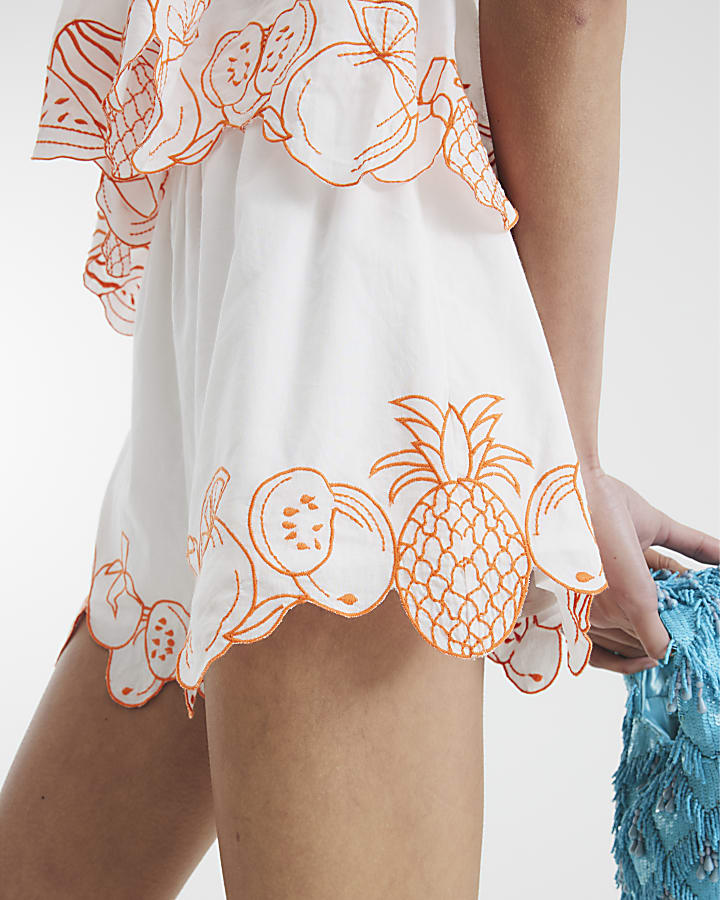 White Fruit Embroidered Shorts