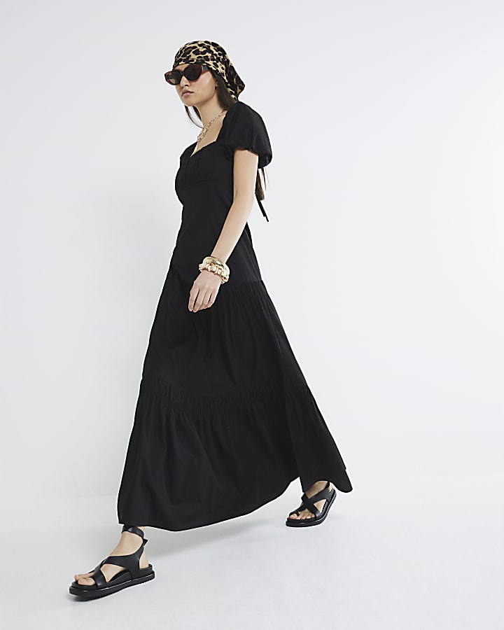 Black Short Puff Sleeve Midi Dress