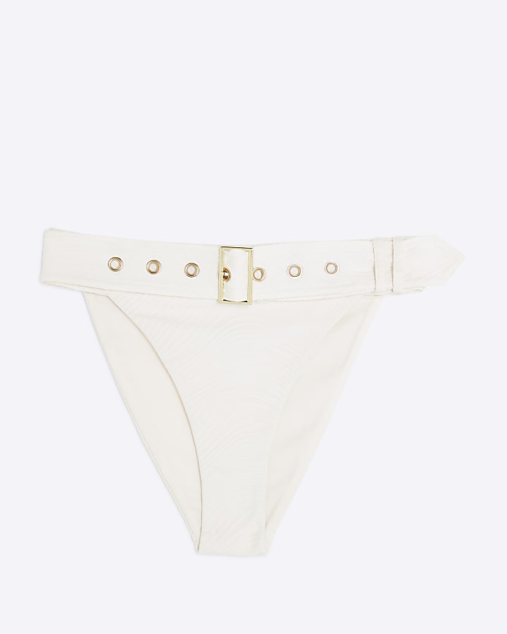 Cream Textured Buckle High Waisted Brief