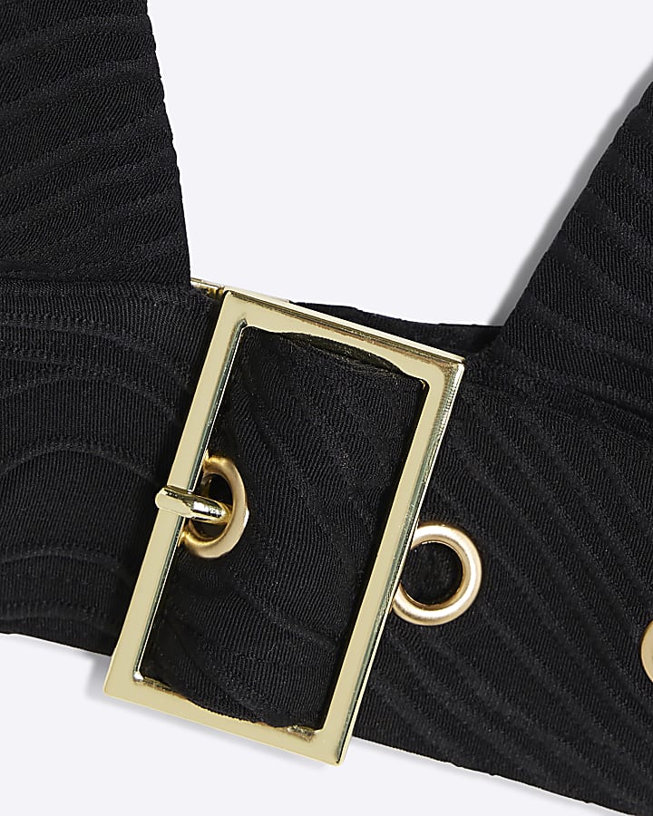 Black Textured Buckle Bikini Top