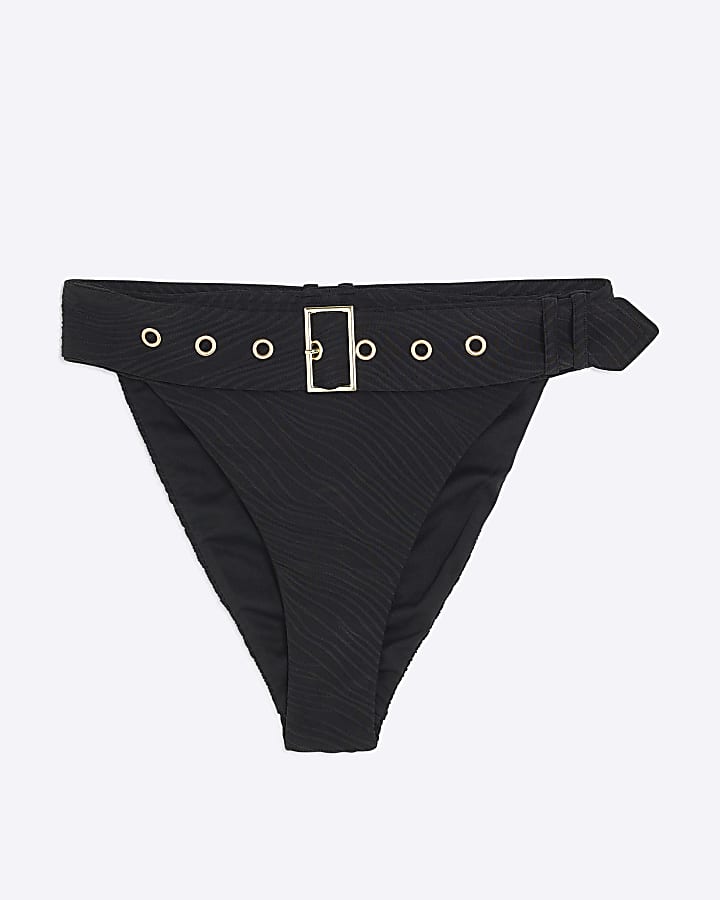 Black Textured Buckle High Waisted Briefs