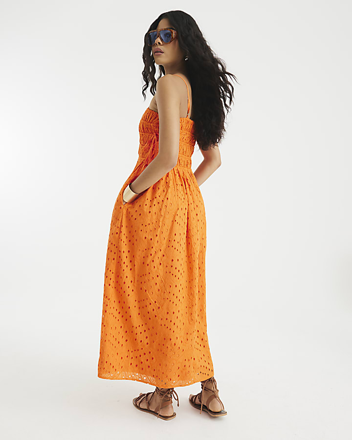 Orange Sleeveless Broderie Maxi Dress