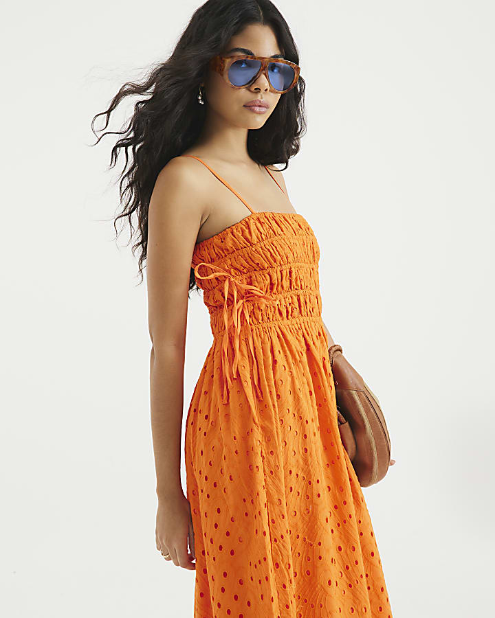 Orange Sleeveless Broderie Maxi Dress