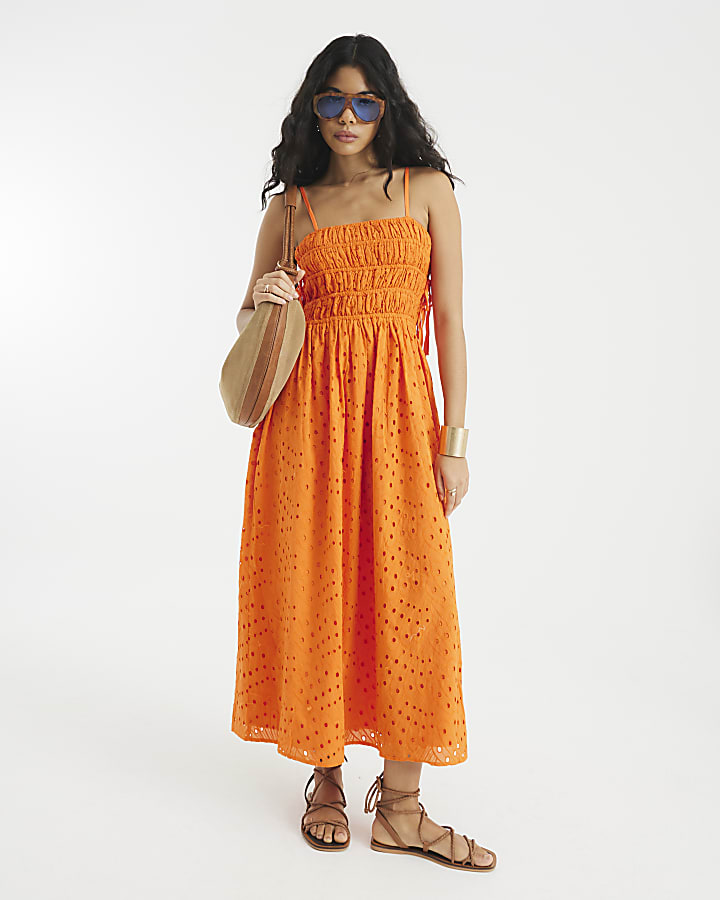 Orange Sleeveless Broderie Maxi Dress