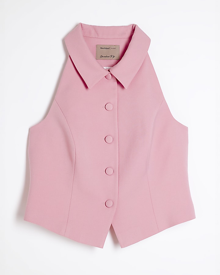 Pink High Neck Collared Waistcoat
