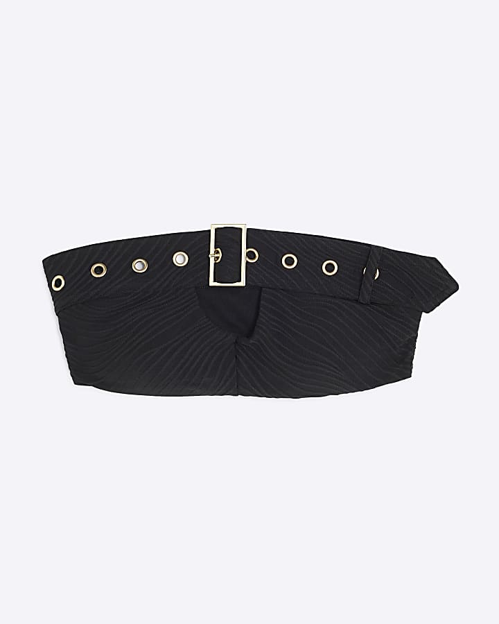 Black Textured Bandeau Buckle Bikini Top