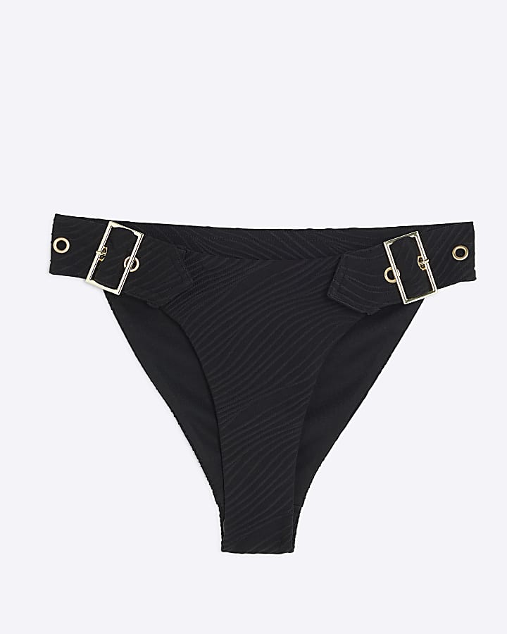 Black Textured Buckle Low Rise Bikini Bottoms