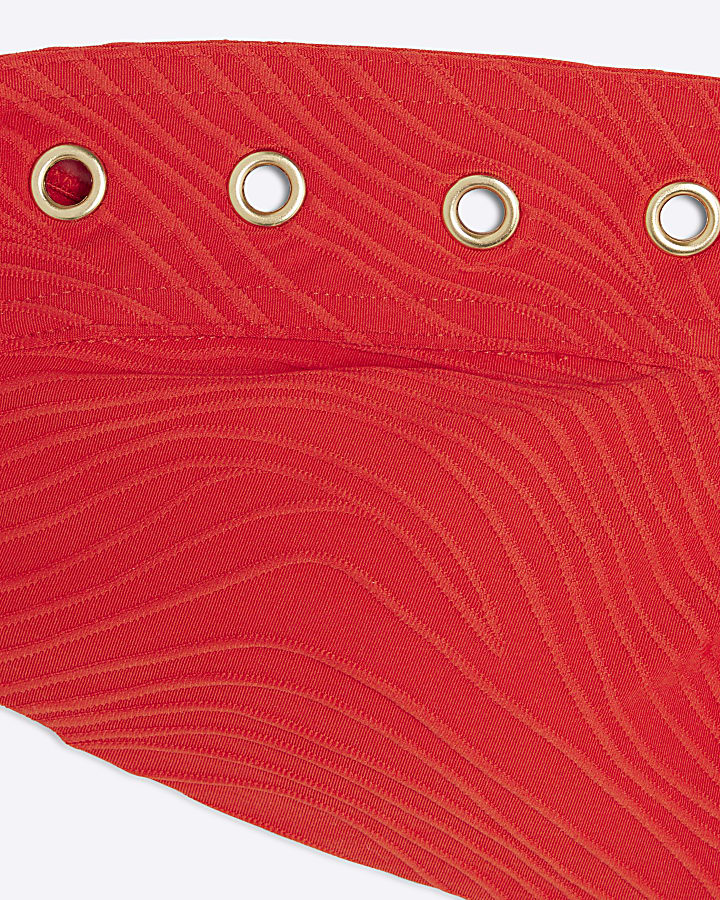 Red Textured Buckle Bandeau Bikini Top