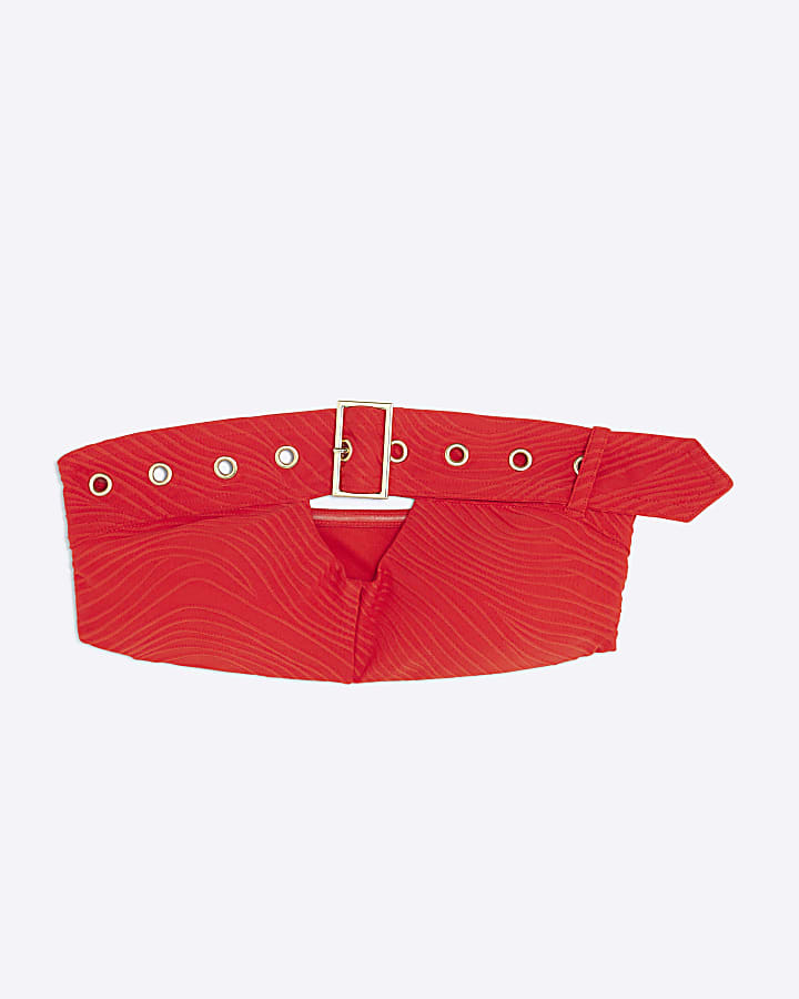 Red Textured Buckle Bandeau Bikini Top