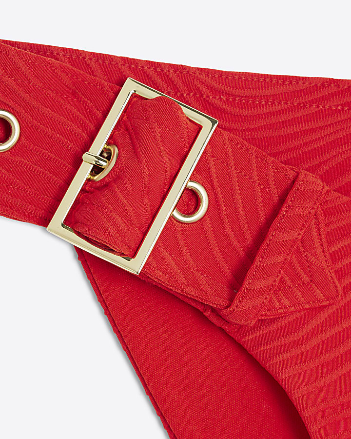 Red Textured Buckle Low Rise Bikini Bottoms