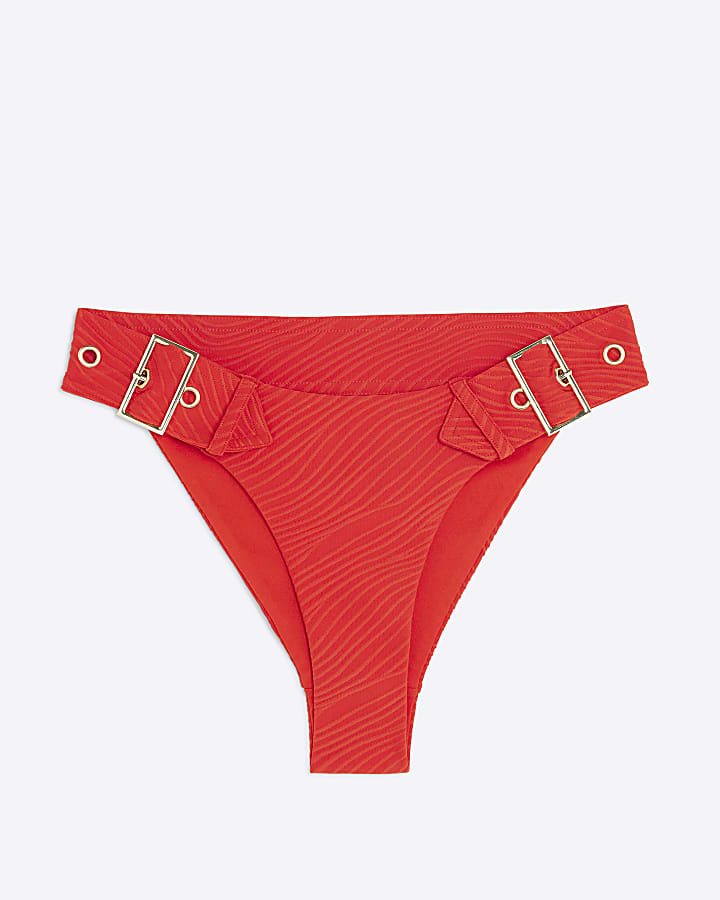 Red Textured Buckle Low Rise Bikini Bottoms