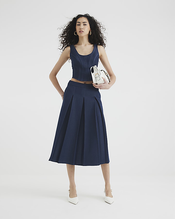 Blue Denim Pleated Midi Skirt