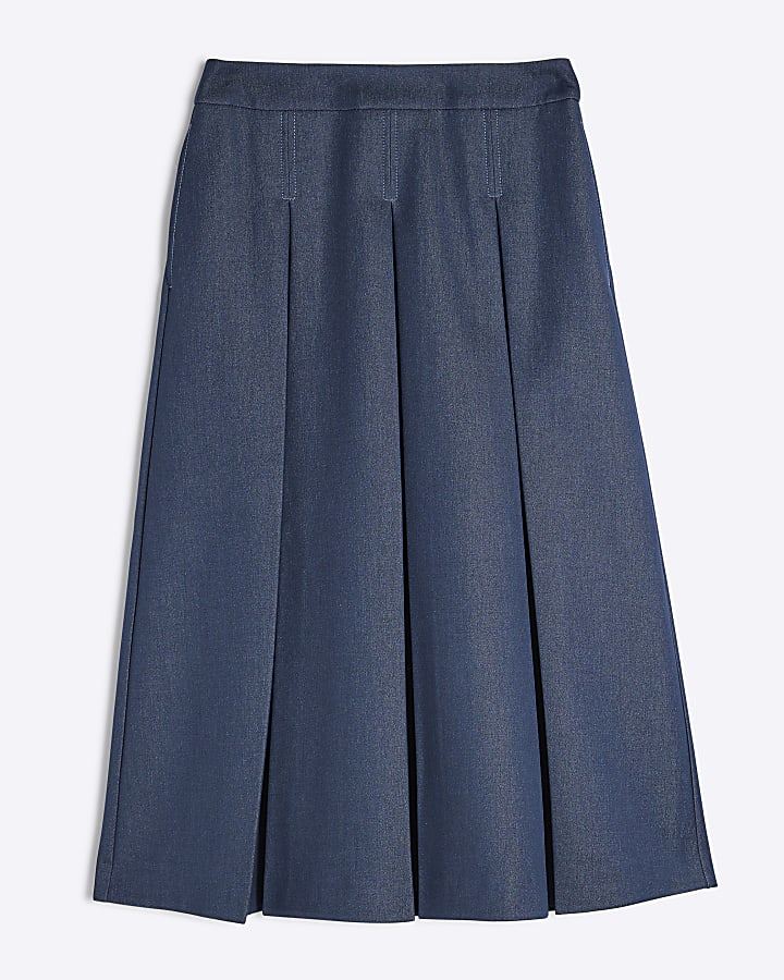 Blue Denim Pleated Midi Skirt