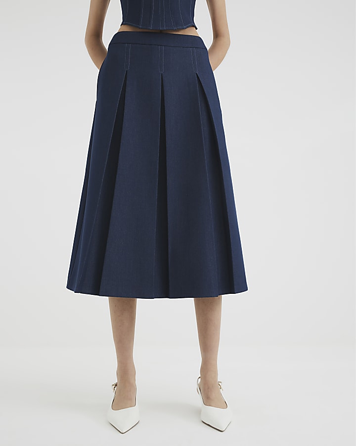 Blue Denim Pleated Midi Skirt