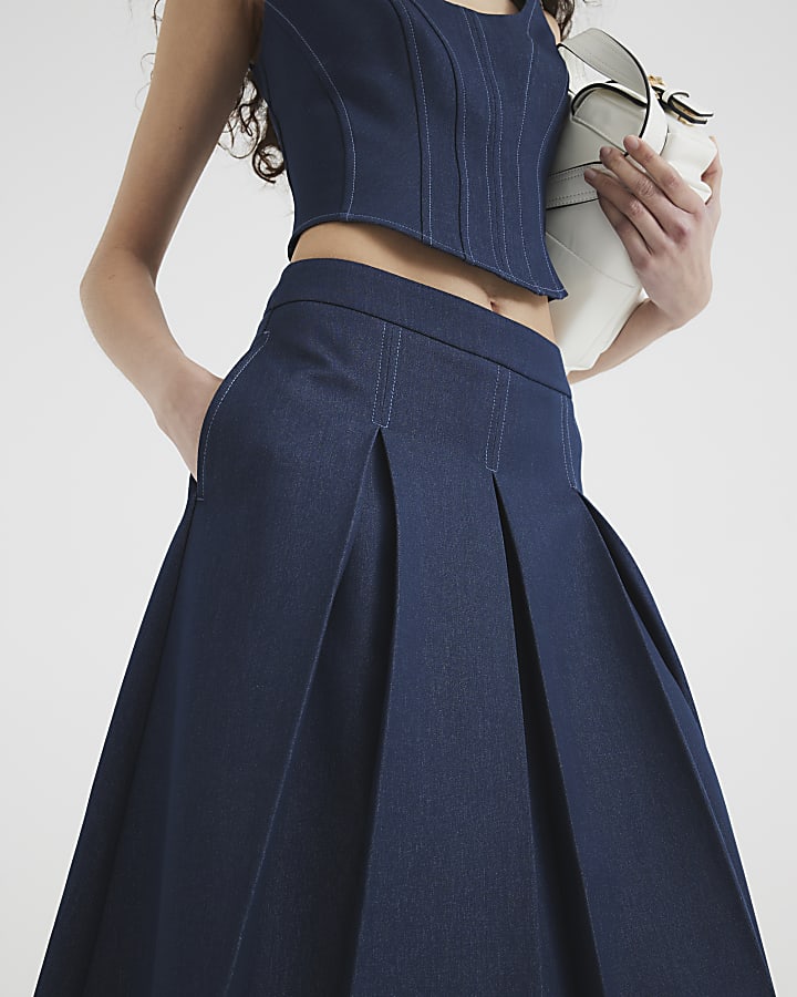 Blue Denim Pleated Midi Skirt