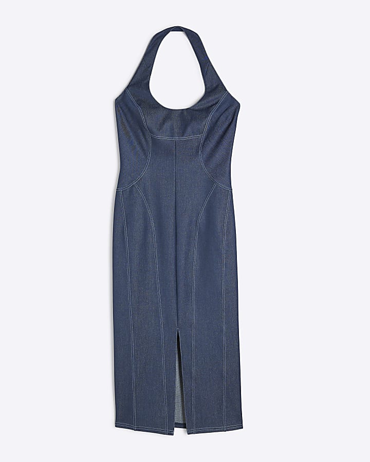 Blue Denim Tailored Zip Front Midi Dress