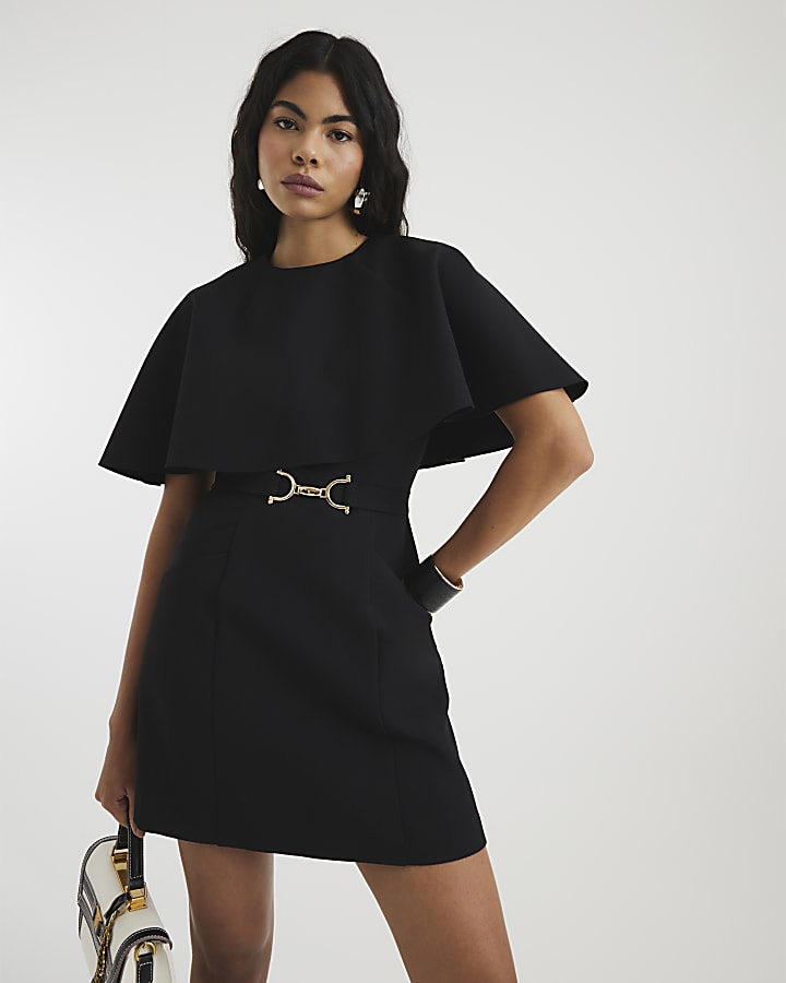 Black Tailored Cape Mini Dress