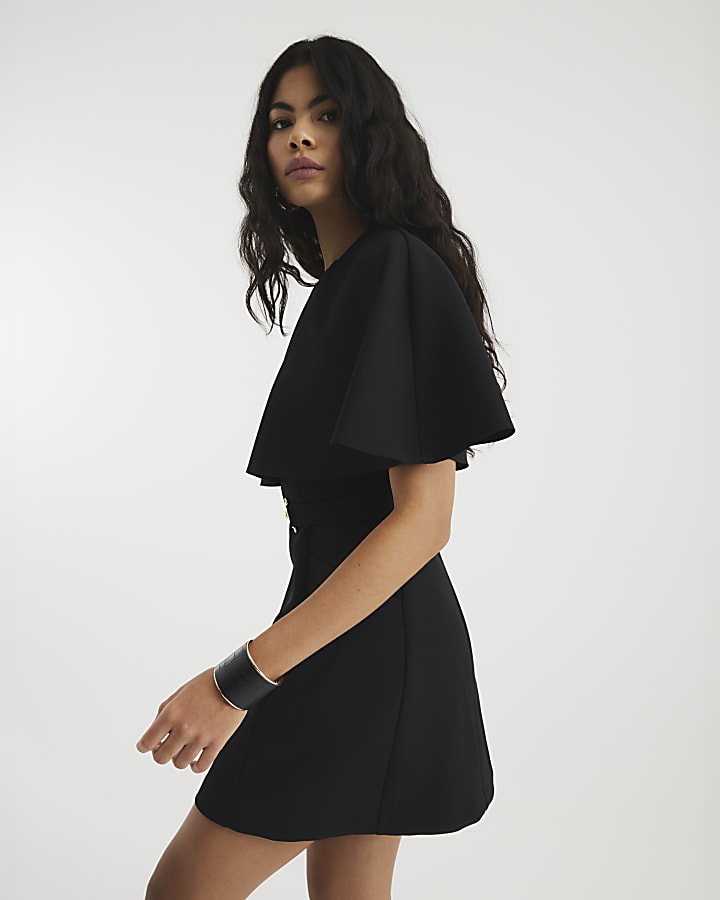 Black Tailored Cape Mini Dress