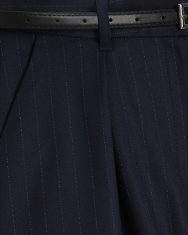 Navy Pinstripe Belted Shorts