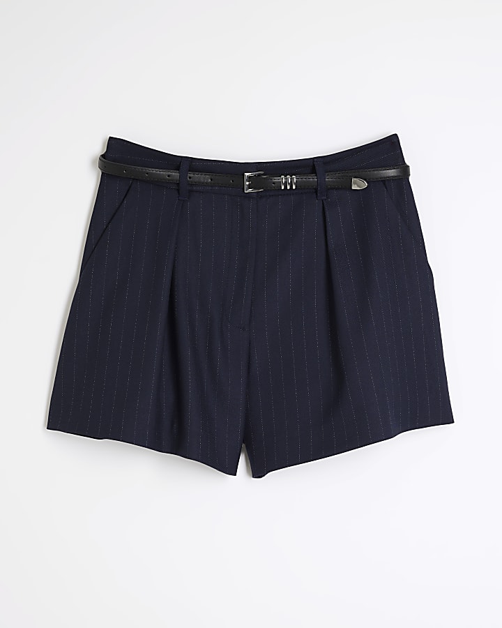 Navy Pinstripe Belted Shorts