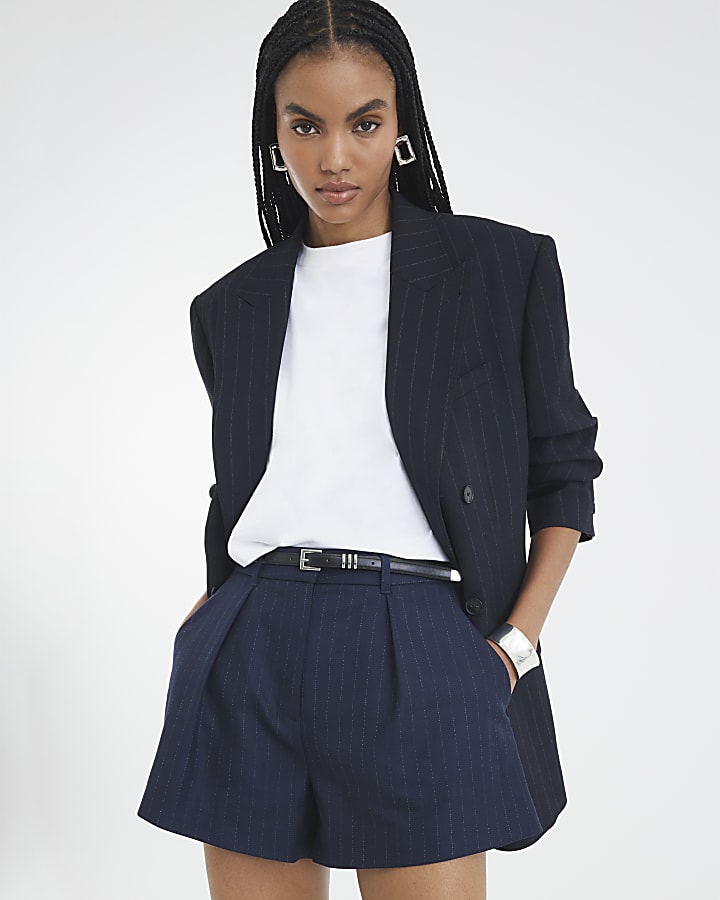 Navy Pinstripe Belted Shorts