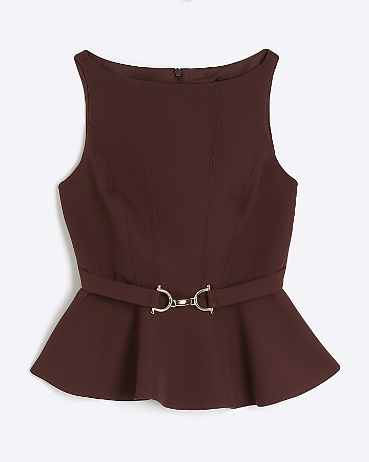 Brown Belted Peplum Top