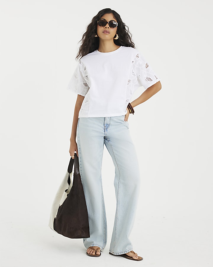 White Short Sleeve Hybrid Broderie T-shirt