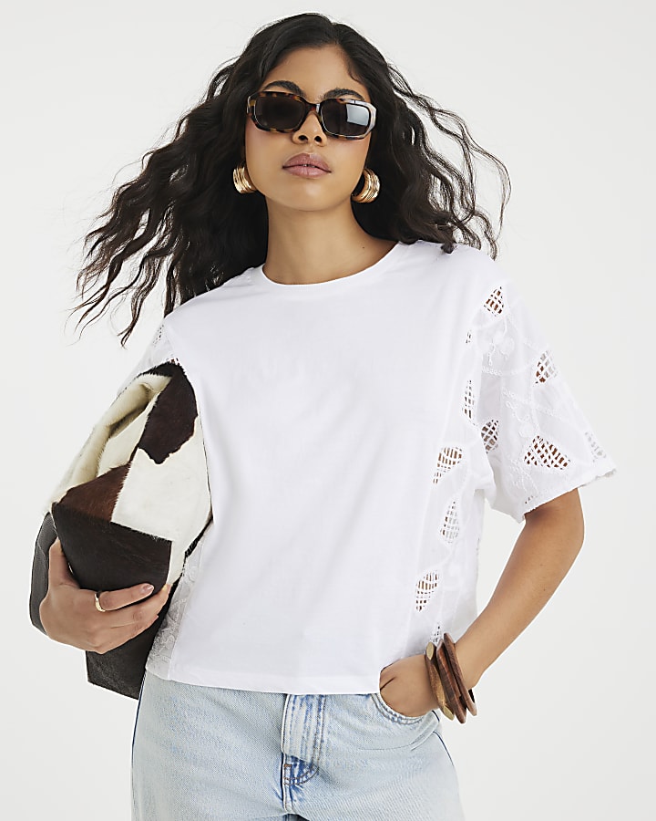White Short Sleeve Hybrid Broderie T-shirt