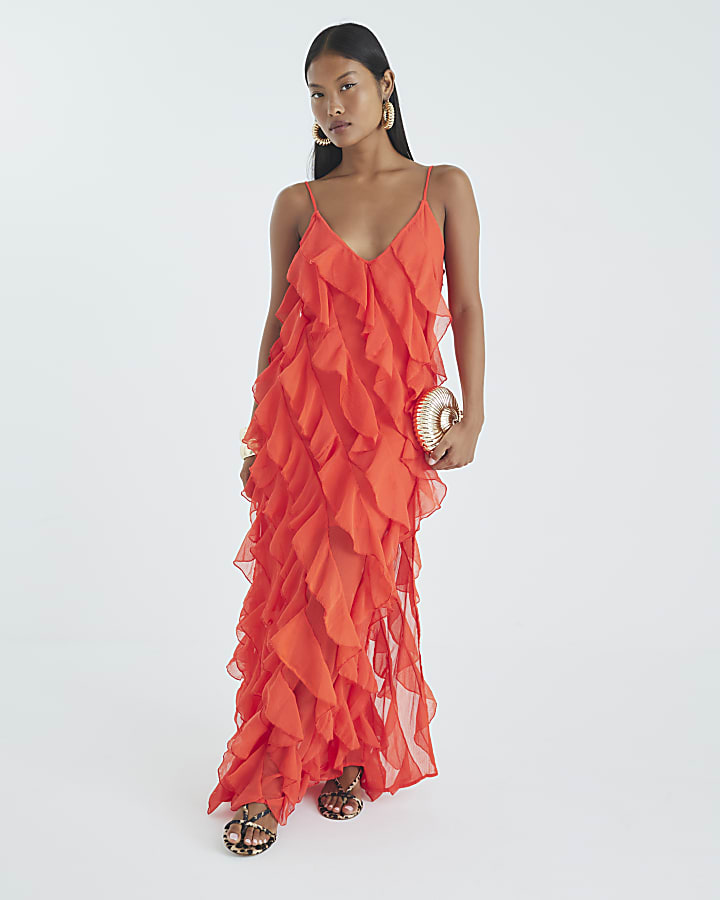 Petite Red Sleeveless Ruffle Maxi Dress