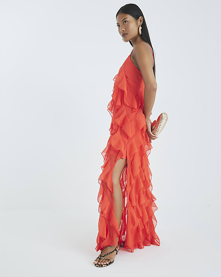 Petite Red Sleeveless Ruffle Maxi Dress