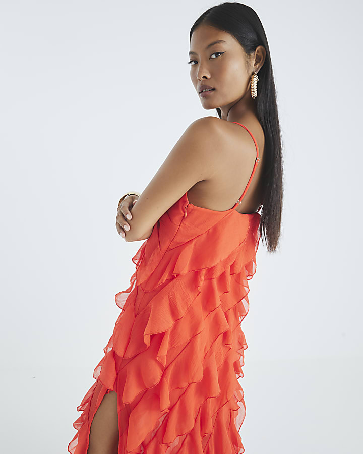 Petite Red Sleeveless Ruffle Maxi Dress