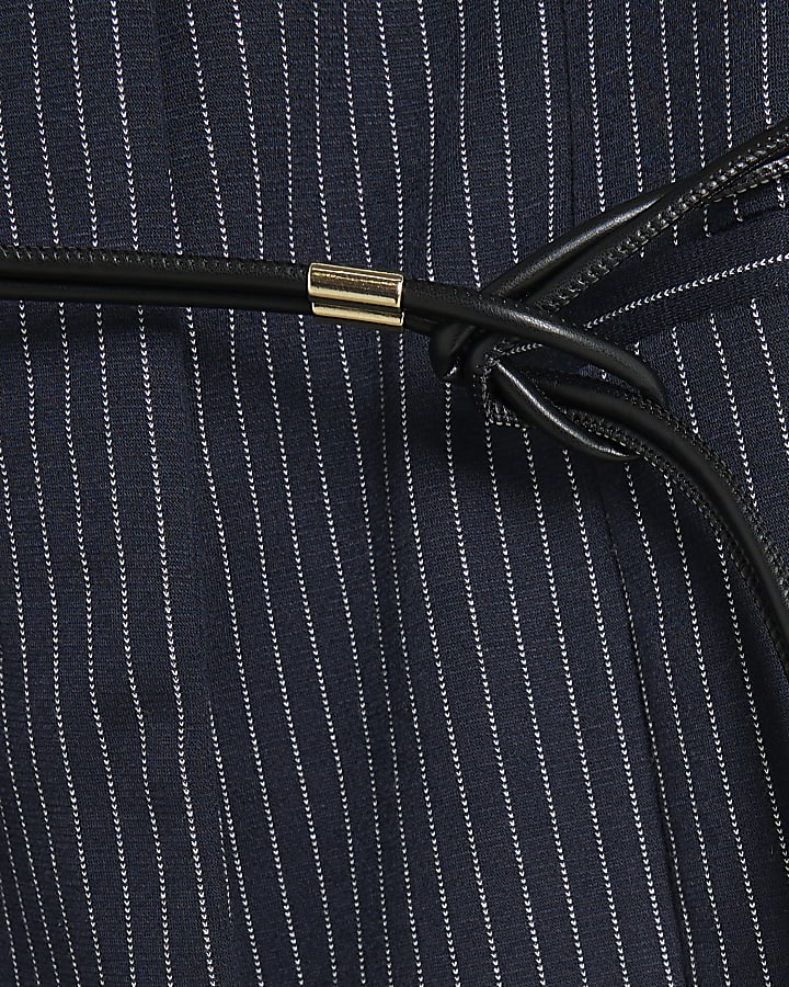 Navy Pinstripe Long Sleeve Belted Blazer